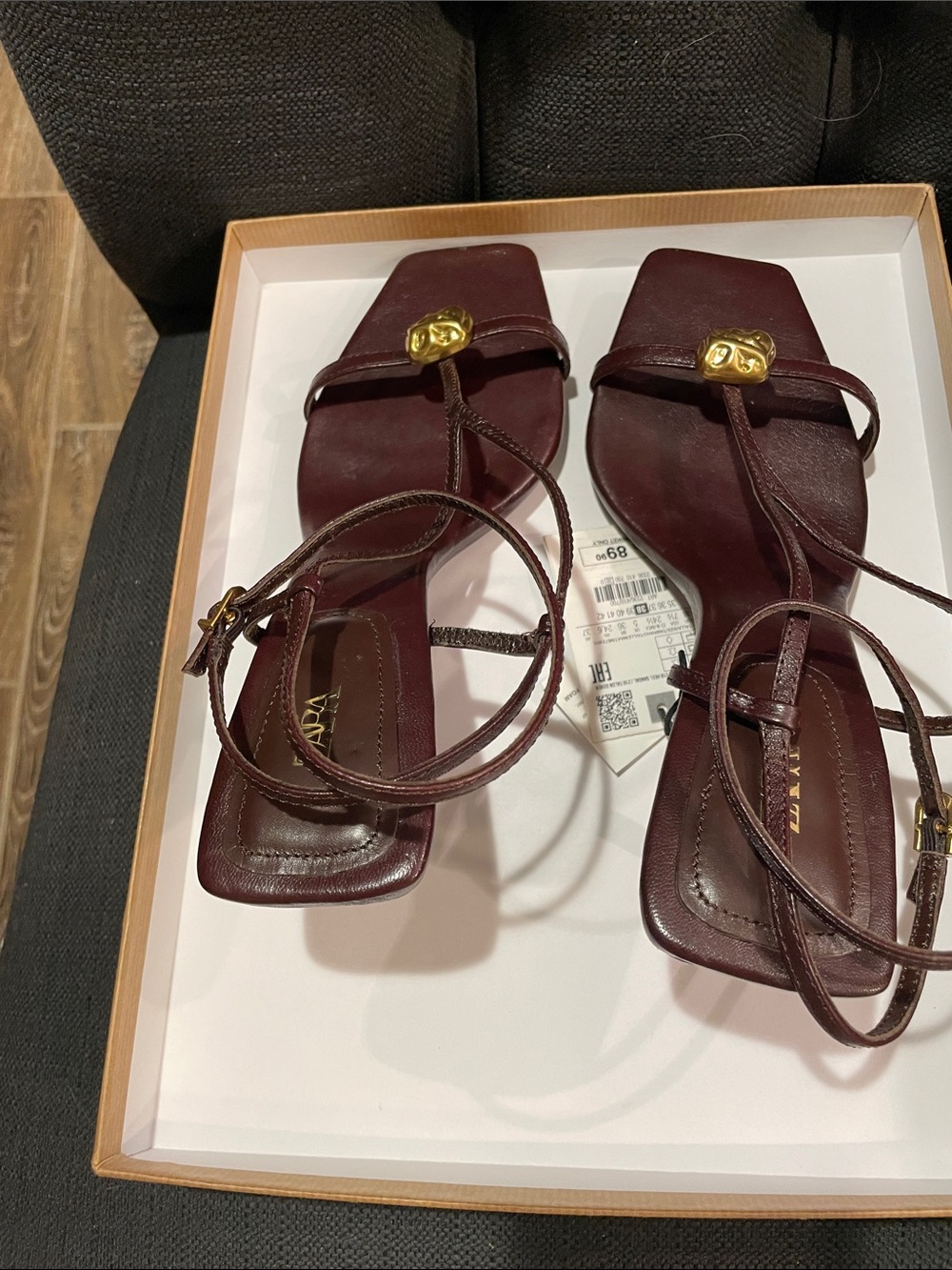 Zara Dark Brown Strappy Square-Toe Heeled Sandals with Gold Accents - Picture 6 of 8